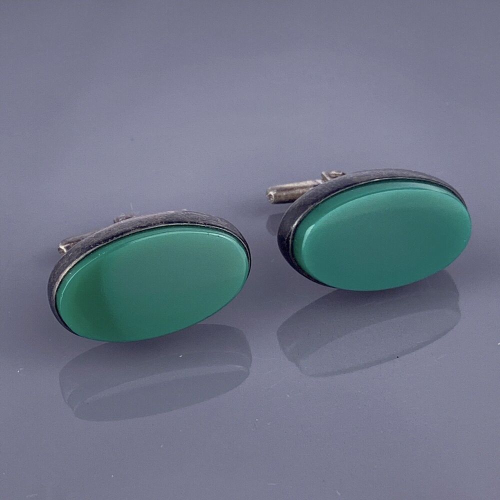 Green Onyx Oval Cufflinks Sterling 925 Silver Simple Marked Mexico Vintage